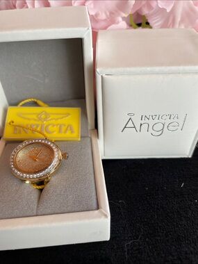 Invicta Angel Women's Gold-Tone Crystal Bezel Watch with Glitter Dial